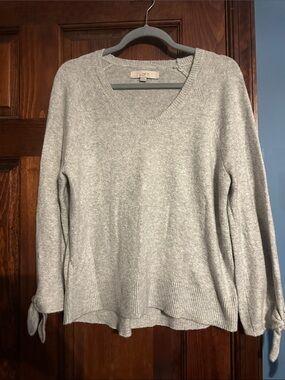 LOFT Light Gray Scoop Neck Tie-Cuff Sweater